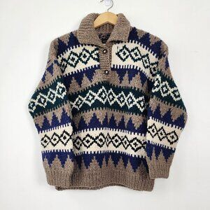 Wool Knit Collard Siwash Handmade in Ecuador Geometric Pattern Beige Teal Blue